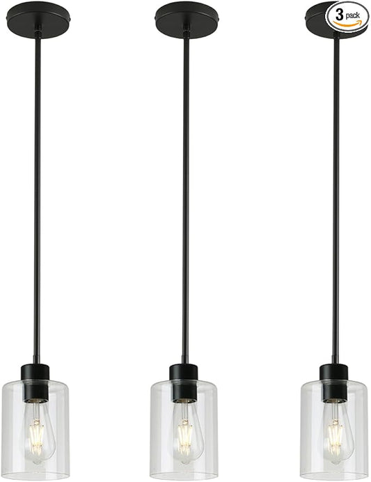 Black Pendant Lights Kitchen Island - Clear Glass Pendant Light Fixture Multiple Stems Rods 3 Units 12 Inch 3 Units 4 Inch (Black 3 Pack Stem Rod)