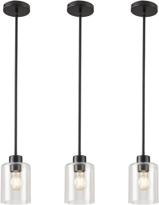 Black Pendant Lights Kitchen Island - Seeded Glass Pendant Light Fixture Multiple Stems Rods (3 Pack with Rod seeded Glass)