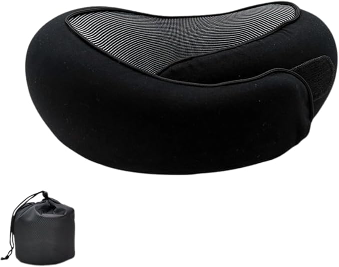 Memory Foam Neck Pillow for Travel, Adjustable Velcro Strap, Durable and Easy to Clean.Reduces pressure points and promotes better alignment, helping prevent neck pain (Black).