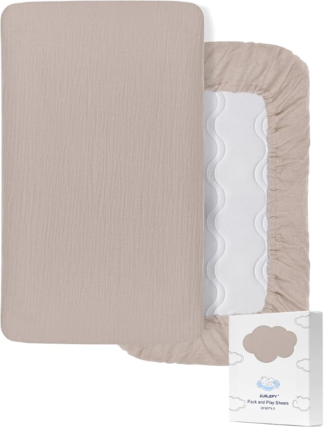 Khaki Pack and Play Sheets, 100% Muslin Cotton Mini Crib Sheets Fitted 39"x27", Soft Breathable Pack N Play Playard Mattress Pad Cover for Boys and Girls (46P-08)