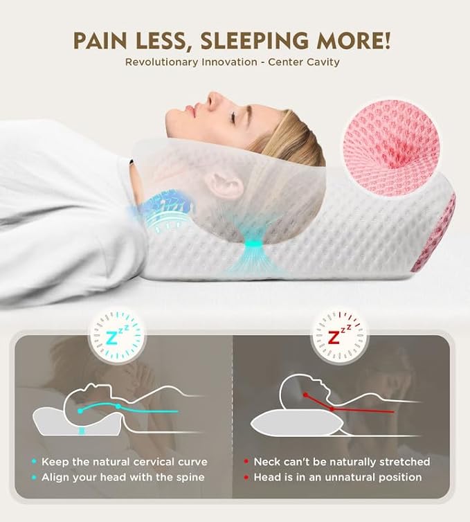 Cervical Pillow for Neck Pain Relief, Hollow Design Odorless Memory Foam Pillows with Cooling Case, Adjustable Orthopedic Bed Pillow for Sleeping, Contour Support for Side Back Stomach Sleepers