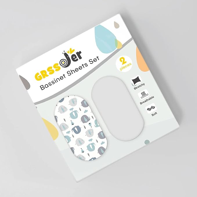 Stretchy Ultra Soft Fitted Bassinet Sheets 2 Pack, Universal Fitted Sheets for Rectangle, Oval, or Hourglass Bassinet Mattresses or Changing Pads, Cute Elephant Baby Sheets for Boy and Girl