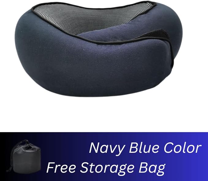 Memory Foam Neck Pillow for Travel, Adjustable Velcro Strap, Durable and Easy to Clean.Reduces Pressure Points and Promotes Better Alignment, Helping Prevent Neck Pain (Navy-Blue).