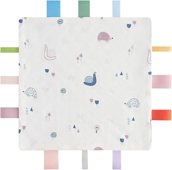 Baby Tags Security Blanket, Sensory Soothing Blanket with Tags,Dotted Backing Taggies Blanket for 3-12 Months Boys and Girls. (Hedgehog and Snail)