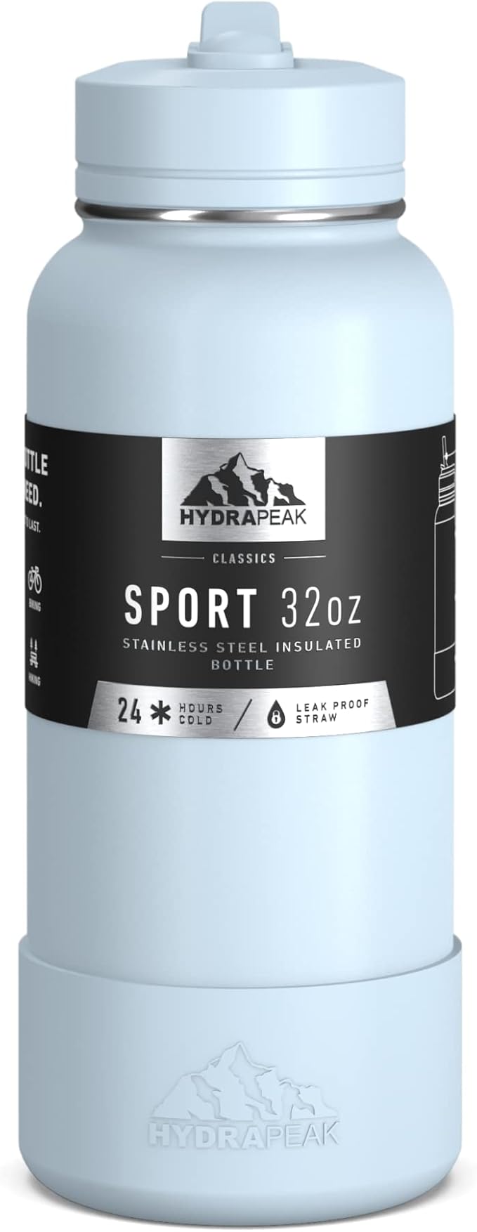 Hydrapeak 32oz Sport Insulated Water Bottle with Straw or Chug Lid, Leak & Spill Proof, Keeps Drinks Cold for 24 Hours, Hot for 12 Hours, Premium Stainless Steel Water Bottles (32oz, Powder Blue)
