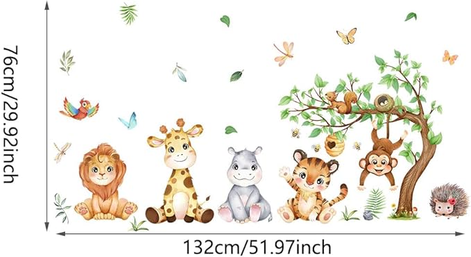 Woodland Animals Wall Decals Tiger Zebra Lion Wall Stickers, Removable Kids Toddler Jungle Safari Wall Murals Peel and Stick Wall Art Decor Wallpaper for Bedroom Nursery Playroom