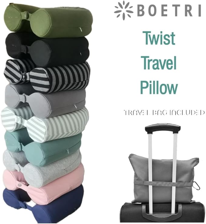 Twist Memory Foam Travel Pillow - Cotton Cover - Travel Bag Included - Adjustable, Bendable Pillow for Neck, Head, Chin, Lumbar and Leg Support (Light Gray)
