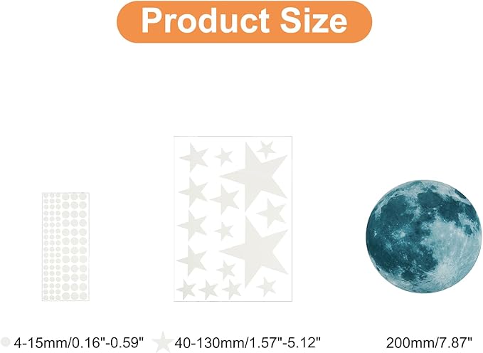uxcell 1 Set Glow in The Dark Ceiling Star Stickers, Moon and Stars Wall Decals, Glowing Star Decal Decoration for Bedroom, 200mm Blue Moon