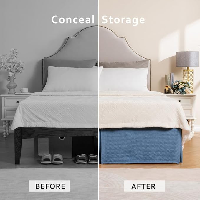 MIYE Pleated Waffle Weave Bed Skirt, Tailored Dust Ruffle 12 Inch Drop Easy Fit, Machine Washable (Blue, TwinXL - 12" Drop)