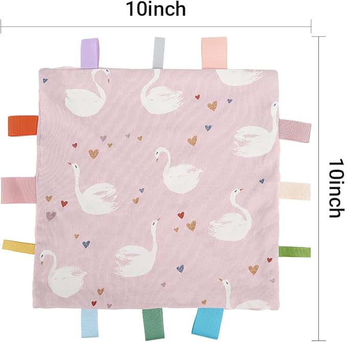 Baby Tags Security Blanket, Sensory Soothing Blanket with Tags,Dotted Backing Taggies Blanket for 3-12 Months Boys and Girls. (Swan)