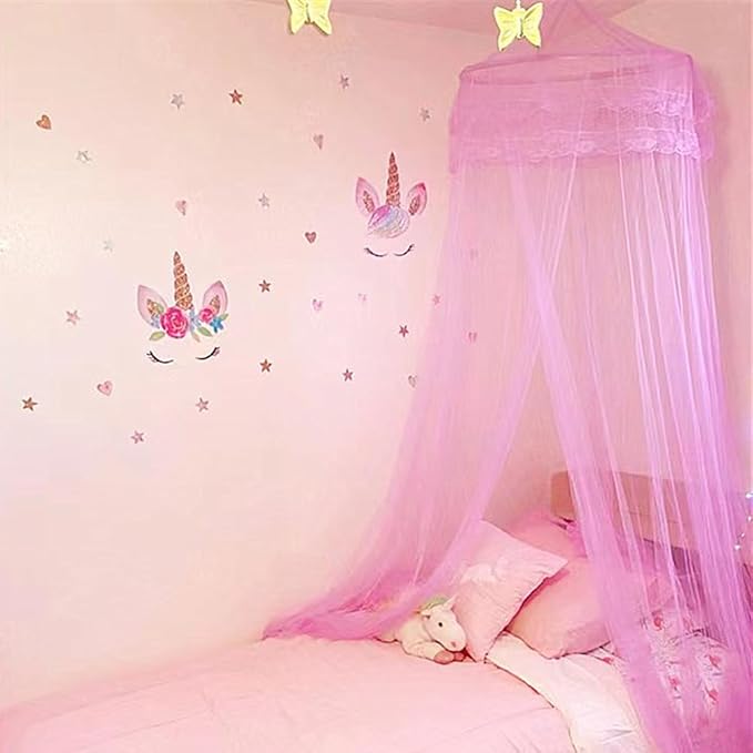 Eimilaly Lace Bed Canopy Mosquito Netting with Warm Lights, Princess Bed Canopy for Girls Room Decor, Pink/Single Door