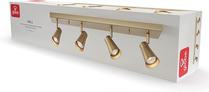 Globe Electric 64000046 4-Light Track Lighting, Matte Brass, Ceiling Light, Track Light Heads, Pivoting Track Heads, Track Ceiling Light, Track Lighting Kit, 4 Bulb Kitchen Light, GU10 Socket