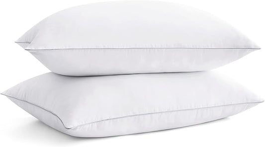 puredown® Goose Feathers Bed Pillows, 100% Cotton Cover, Queen Size Hotel Collection Pillows Set of 2 for Sleeping with Silver Piping, Feather and Polyester Filling