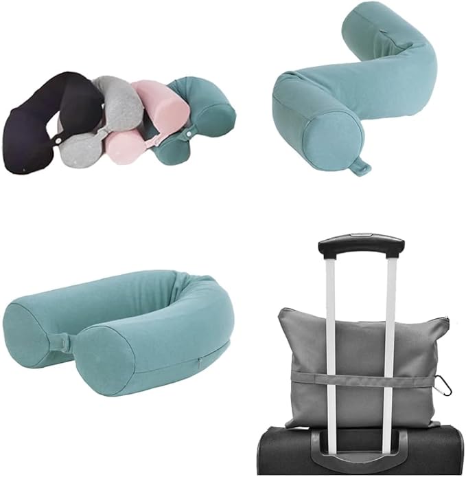 Twist Memory Foam Travel Pillow - Cotton Cover - Travel Bag Included - Adjustable, Bendable Pillow for Neck, Head, Chin, Lumbar and Leg Support (Aqua Green)