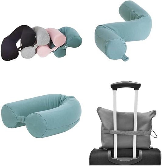 Twist Memory Foam Travel Pillow - Cotton Cover - Travel Bag Included - Adjustable, Bendable Pillow for Neck, Head, Chin, Lumbar and Leg Support (Aqua Green)