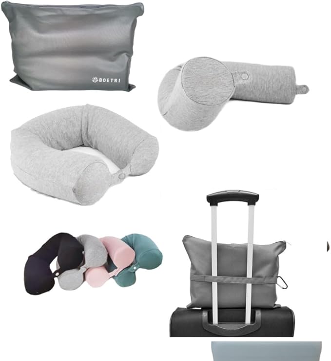 Twist Memory Foam Travel Pillow - Cotton Cover - Travel Bag Included - Adjustable, Bendable Pillow for Neck, Head, Chin, Lumbar and Leg Support (Light Gray)