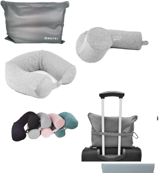 Twist Memory Foam Travel Pillow - Cotton Cover - Travel Bag Included - Adjustable, Bendable Pillow for Neck, Head, Chin, Lumbar and Leg Support (Light Gray)