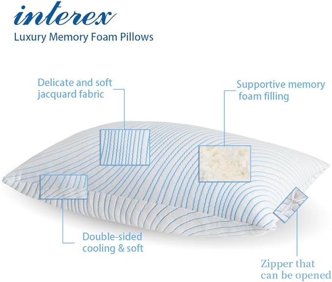 Shredded Memory Foam Pillows Queen Size Set of 2, Cooling Pillows for Sleeping That Stay Cold, Adjustable Firm Pillow for Side Back Stomach Sleepers with Washable Removable Cover