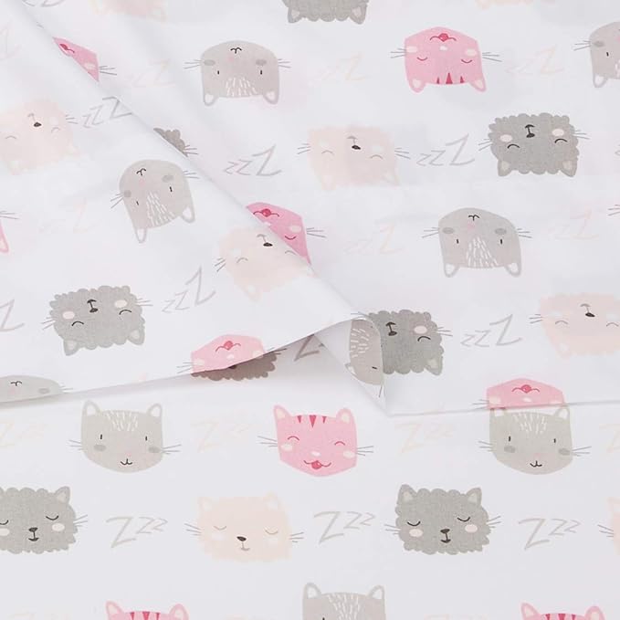 Amazon Basics Kid's Soft, Easy-Wash Microfiber 3-Piece Sheet Set, Twin, Peony Pink Kitties, Animal Print