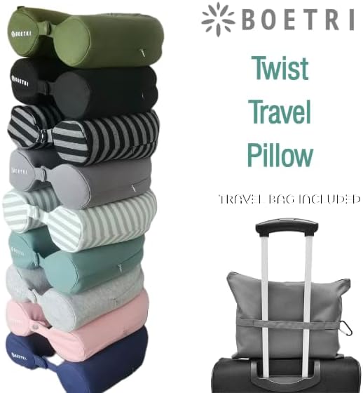 Twist Memory Foam Travel Pillow - Cotton Cover - Travel Bag Included - Adjustable, Bendable Pillow for Neck, Head, Chin, Lumbar and Leg Support (Blue)