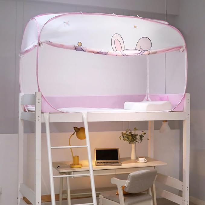 Mengersi Pop Up Bed Canopy Bunk Twin Size,Mosquito Net Sleeping Bed Tent for Kids and Adult Breathable Space with Three Doors (Rabbit)