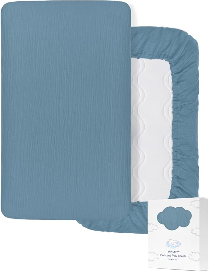 Blue Cotton Pack and Play Sheets Fitted Boy, Muslin Small Pack n Play Mattress Pad Cover, 39"x27" Soft and Breathable Baby Sheets for Pack and Play (46P-06)