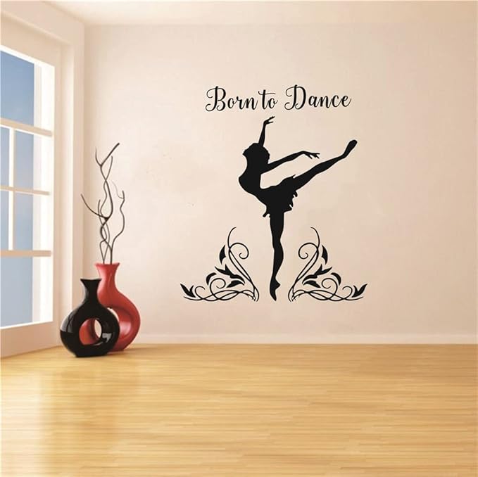 Dance Wall Decor for Girl Room Art Dancer Born to Dance Bedroom Wall Sticker Living Room Wall Decoration Kids Room Wall Decal AFN59 (Black)