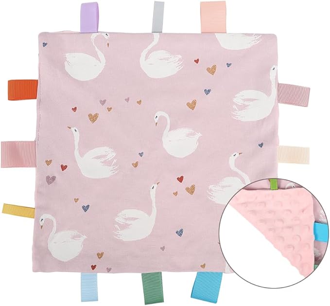 Baby Tags Security Blanket, Sensory Soothing Blanket with Tags,Dotted Backing Taggies Blanket for 3-12 Months Boys and Girls. (Swan)