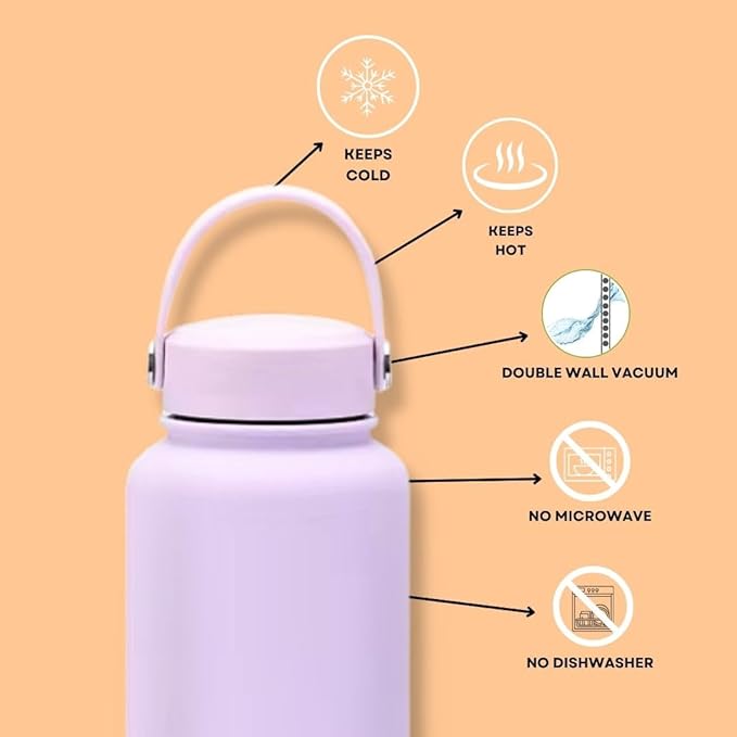 32 OZ Double Wall Stainless Steel Vacuum Bottle Insulated Water Bottles Outdoor Sports Bottle with Handle Lid, Spill-Proof, Hike, School, Hydration, Ivory, Black, Pale Green, Lavender (Lavender)