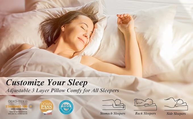 Three Geese Adjustable Layer Goose Feather Pillow,Assemblable Bed Pillow,100% Soft Organic Cotton Cover,Good for Side and Back Stomach Sleeper, Queen Size,Packaging Include 2 Pillows