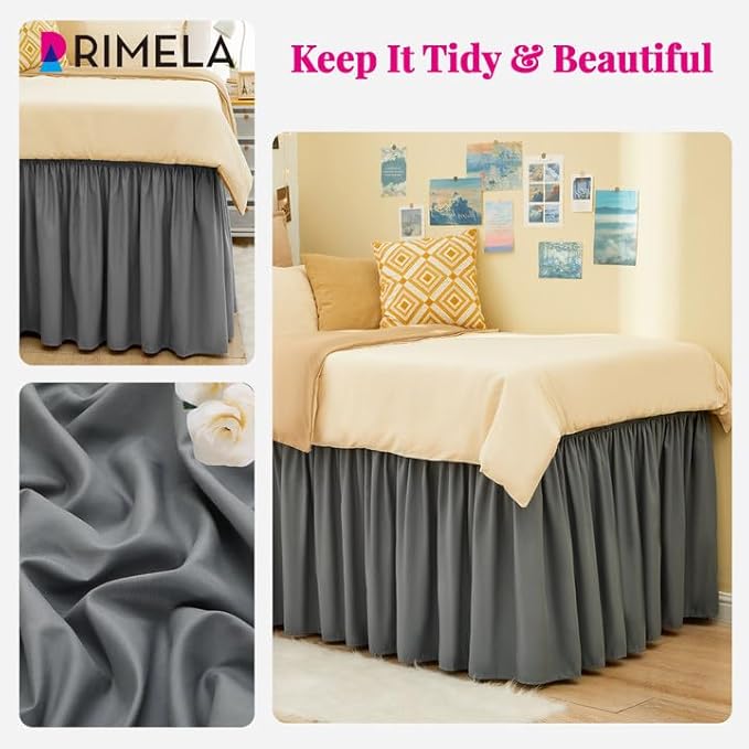 RIMELA Dorm Bed Skirt Twin XL 18 Inch Drop, Extra Long Wrap Around Elastic Bed Skirts Easy to Put On Twin Size Dust Ruffle, Gray Bedskirt for Adjustable Bed Base Solid Silky Fabric Machine Washable