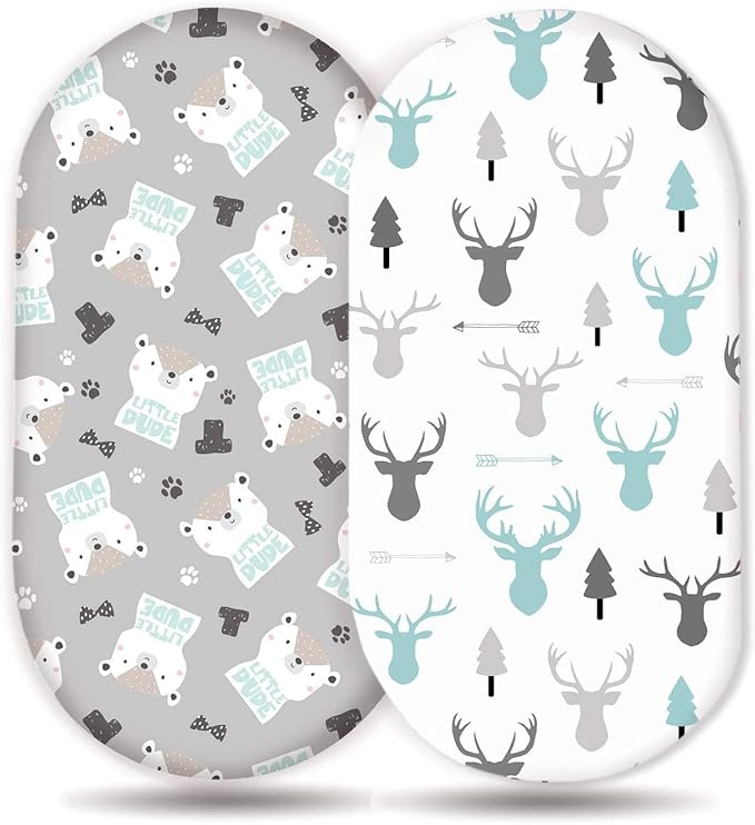 Stretch Ultra Soft Fitted Bassinet Sheet Set 2 Pack, Universal Cradle Sheet Set for Rectangle, Oval, or Hourglass Bassinet Pad/Mattress, Grey Bear Bassinet Sheets for Girls and Boys