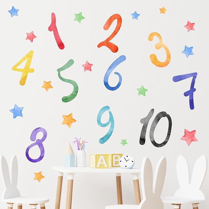 Mfault Watercolor Arabic Numbers 1-10 Learning Wall Decals Stickers, Educational Counting Stars Nursery Classroom Decorations Bedroom Playroom Art, Neutral Toddlers Kids Children Room Daycare Decor