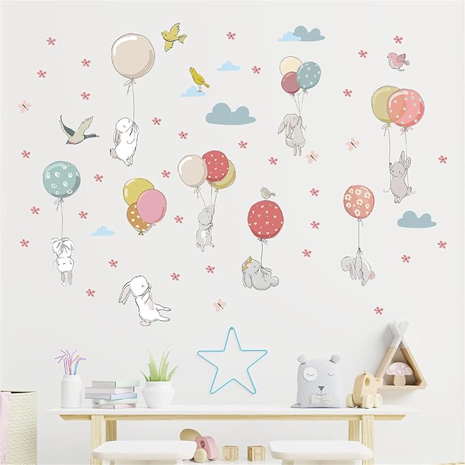 Colorful Balloon Cute Rabbit Wall Decal Floral Cloud Bunny Wall Stickers Nursery for Bedroom Girls Decor