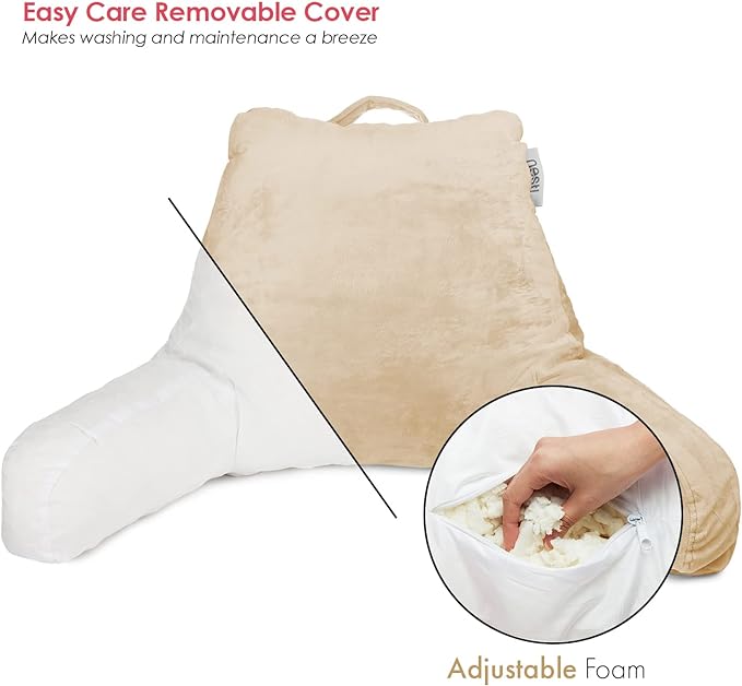Nestl Reading Pillow for Kids, Small Bed Pillow, Back Pillow for Sitting in Bed, Memory Foam Chair Pillow, Reading & Bed Rest Pillows, Beige Cream Back Pillow for Bed, Arm Pillow with Pockets