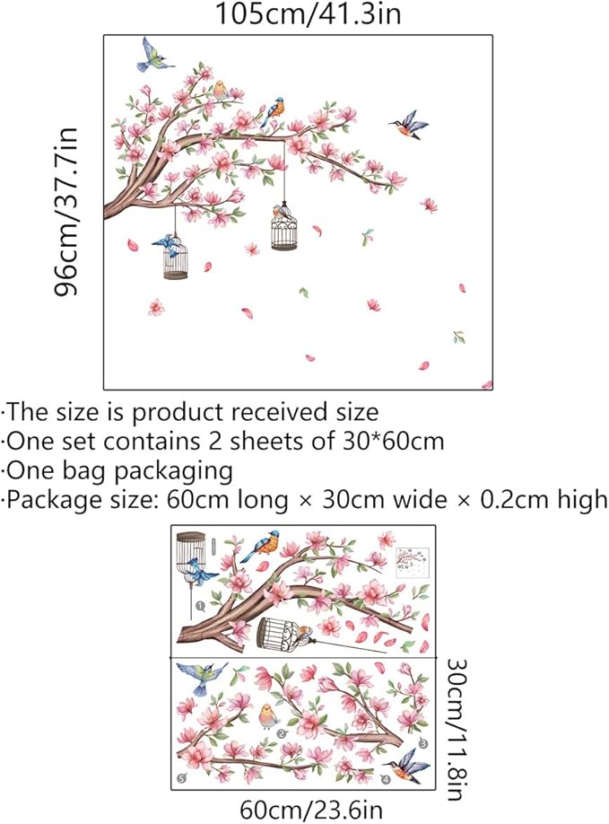 Pink Flowers Wall Stickers Cherry Blossom Tree Branch Wall Decals Colorful Flying Birds Birdcage Wall Sticker for Girls Room Bedroom Living Room TV Background Nursery Decor