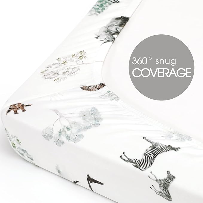 Stretch Ultra Soft Jersey Knit Fitted Pack n Play Sheets Set 2 Pack, Portable/Mini Crib Sheets for Boys and Girls, Pretty African Savannah Animals Pattern