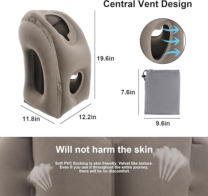 Inflatable Travel Pillow Travel Pillow Inflatable Airplane for Sleeping Support for Neck and Head Inflatable Neck Pillow for Airplane Travel Inflatable Neck Pillow for Airplane Car Home Office, Grey