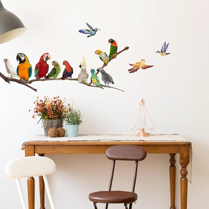 Parrot Wall Decals, Watercolor Bird On Wire Wall Decals, Removable Creative Bird Wall Stickers Birds on The Tree Branch Flower Decals Garden Living Room Bedroom TV Wall Decorations