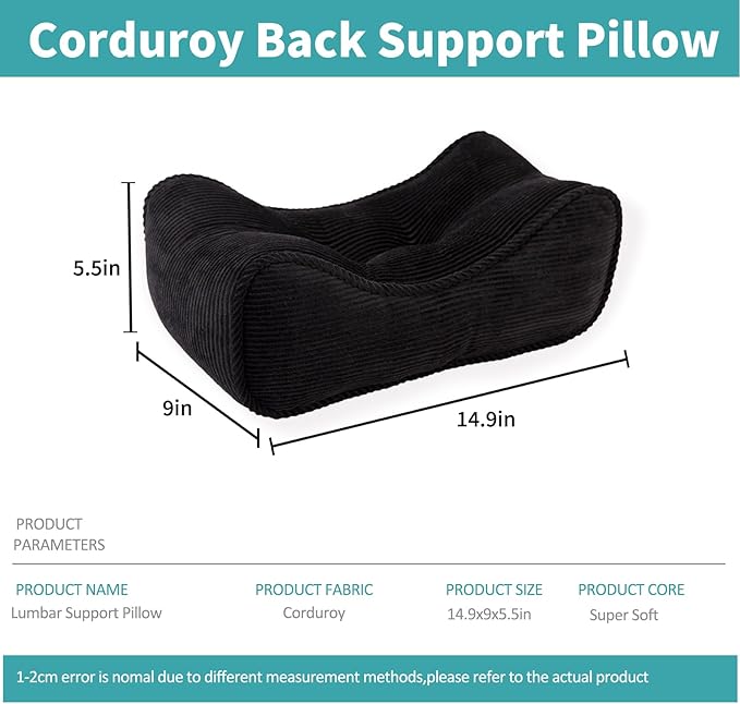 Lumbar Support Pillow for Office Chairs, Back Support Pillow for Lower Back Pain Relief, Soft & Good Support Corduroy Desk Lumbar Cushion, 14.9"x9"x5.5", Small (Black)
