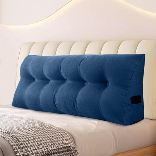 Large Triangular Headboard Pillows Long Backrest Positioning Support Bolster Cushion for Daybed Fluffy Quality Plush Body Wedge Pillow with Removable Cover(Navy blue-24x8x20in)