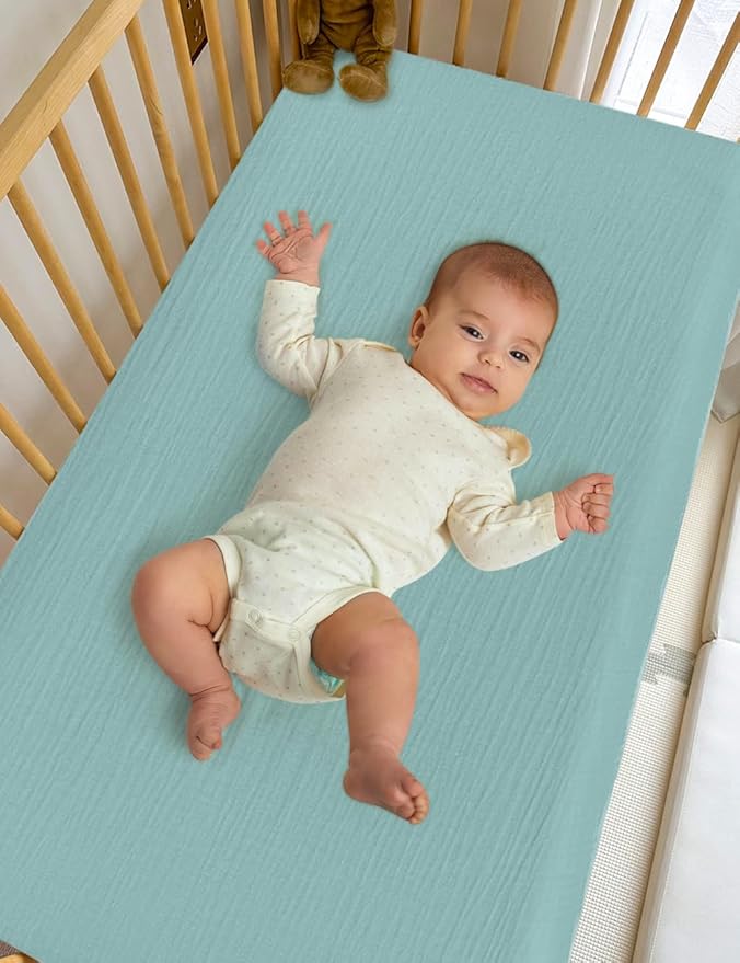 Muslin Cotton Baby Crib Sheets Boy, Neutral Light Blue Crib Sheet for Standard Crib Mattress, Fitted Baby Toddler Bed Sheets 28" x 52" (46C-05)