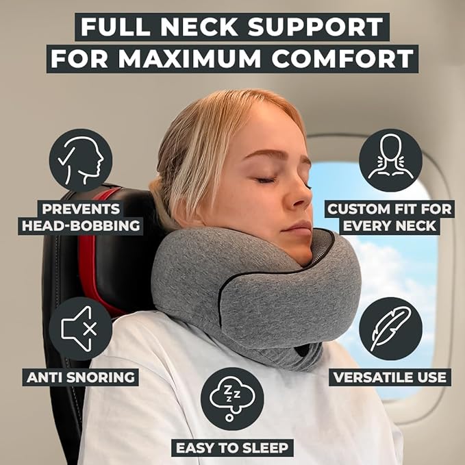 FlyHugz™ Neck Travel Pillow | Memory Foam Neck Pillow for Comfort on Airplane | Compact and Ergonomic Design for Travel, Car Rides, and Home Use | Ideal for Adults and Kids