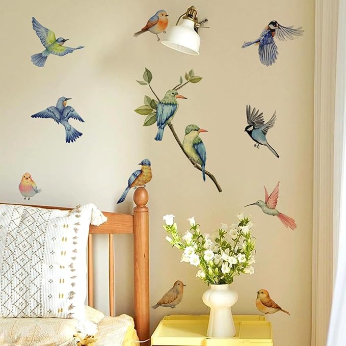 Colorful Birds Wall Decals Standing on Tree Branch Wall Stickers Animal Birds Self-Adhesive Sticker Vinyl Wall Decor DIY Wall Art for Kid's Room Nursery Decoration