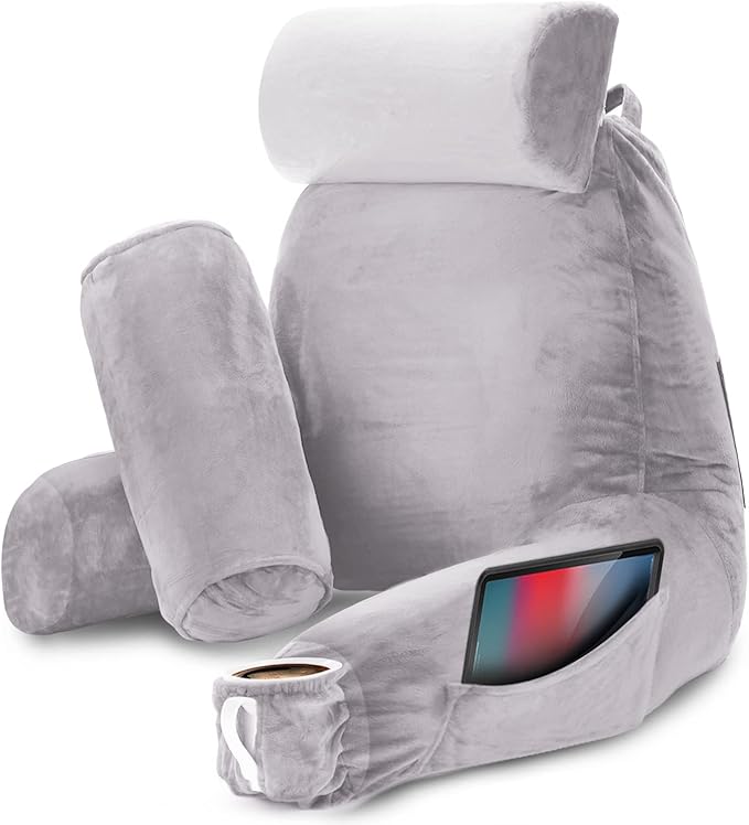 Nestl Reading Pillow Large Bed Pillow, Back Pillow for Sitting in Bed Shredded Memory Foam Chair Pillow, Reading & Bed Rest Pillows Grey Lavender Back Pillow for Bed, Bed Chair Arm Pillow with Pockets