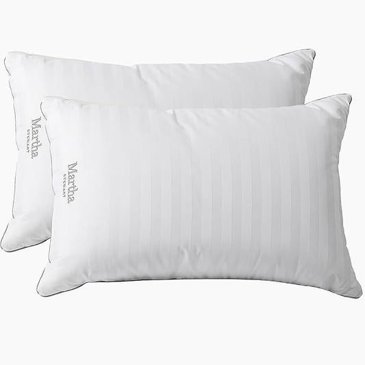 MARTHA STEWART Hotel Collection Meidum Soft Feather Down Pillows 100% Cotton 500 Thread Count Damask Stripe Embroidered, Queen Size Set of 2, White 2