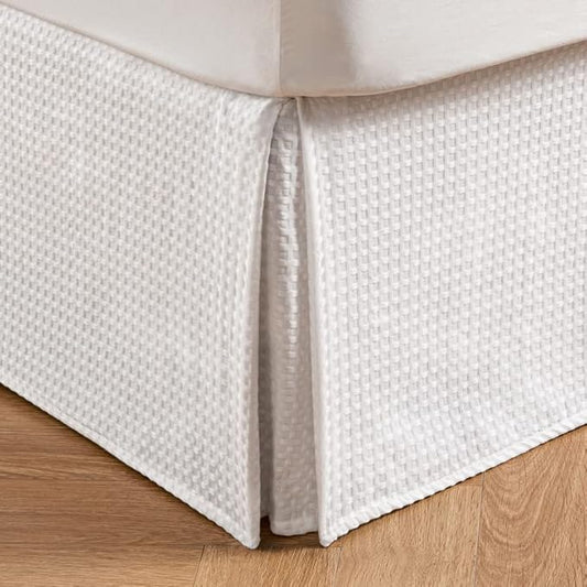 MIYE Pleated Waffle Weave Bed Skirt, Tailored Dust Ruffle 16 Inch Drop Easy Fit, Machine Washable (White, King - 16" Drop)