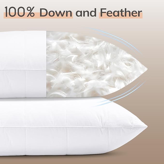 SAVORI Goose Down Feather Pillows with 100% Cotton Cover, Soft Hotel Bed Pillow for Sleeping, Cooling Pillow for Back, Stomach or Side Sleepers, King Size-White 20x36 Inch