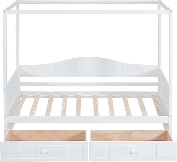 Twin Size Canopy Day Bed with 2 Drawers, White Finish, Sturdy Pine Wood and MDF, Built in Backrest, Space-Saving Design, Fits Curtains and Decorations,77.6"x 41.3"x66.1"