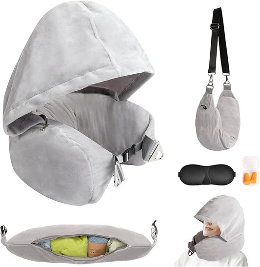 DreamShore Stuffable Neck Pillow for Travel with Hood - Adjustable Velvet Travel Pillow with Earplugs & Eye Mask, Ultimate Carry-On Travel Neck Pillow for Airplane, Travel Pillow for Extra Luggage